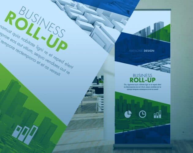 Two roller banners displayed indoors, featuring a modern design with blue and green graphics, cityscape illustrations, and text promoting a business roll-up service.