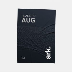A crumpled dark poster with geometric hexagon patterns, featuring the words "REALISTIC AUG," the number "03," and the brand name "ark." in white text.