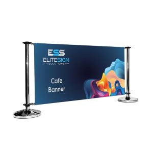 A large, freestanding outdoor banner with a colourful abstract design, supported by chrome-finished poles and bases.