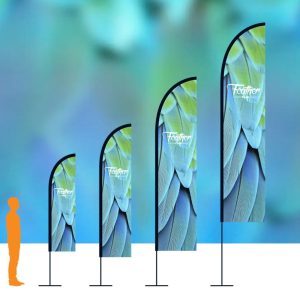 A series of four feather flags of increasing height with a blue and green feather pattern, each displaying the "Feather" logo, alongside a person silhouette for scale.