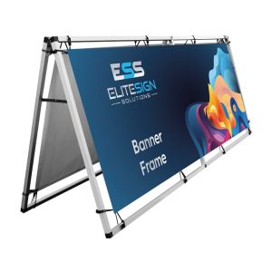 An A-frame banner stand displaying a large banner with colourful abstract artwork and the text "Banner Frame," supported by a sturdy metal frame.