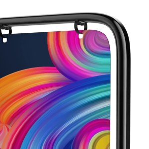 A colorful swing sign featuring vibrant, swirling abstract patterns in pink, purple, orange, blue, and green, hanging from a black metal frame with hooks.