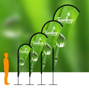 Illustration of four teardrop flags of increasing height with a green leaf background, each displaying a "Teardrop Flag" logo, alongside a person silhouette for scale.