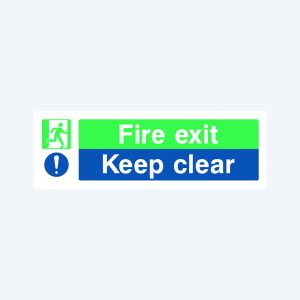 A safety sign with a green background and white border. On the left, there is a white icon of a person running down stairs inside a green square. To the right, the sign has two rectangular sections: the top section is green with the text "Fire exit" in white, and the bottom section is dark blue with the text "Keep clear" in white.