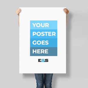 A person holding a large, blank white A0 poster with the text "YOUR POSTER GOES HERE" in bold white letters on blue blocks, standing against a plain grey wall.