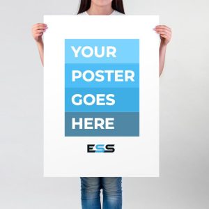 A person holding a large A1-sized poster with the placeholder text "YOUR POSTER GOES HERE" in bold white letters on blue blocks, standing against a plain white background.