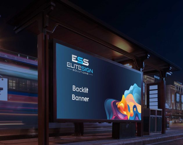 A digital display screen at night showing a colourful abstract background with text about backlit banners.