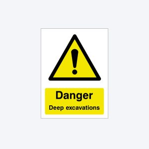 A warning sign with a white background featuring a yellow triangle with a black border at the top containing a black exclamation mark. Below the triangle, there is a yellow rectangle with bold black text that says "Danger" and smaller black text underneath that reads "Deep excavations."