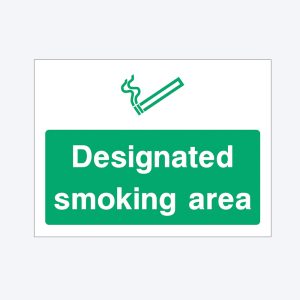 A rectangular sign with a white background. At the top, there is a green icon of a lit cigarette with smoke rising. Below the icon, a green rectangle contains bold white text that reads "Designated smoking area."