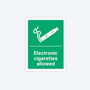 A green rectangular sign with white text. At the top, there is a white icon of a lit electronic cigarette emitting smoke. Below the icon, a horizontal white line separates it from the text that reads "Electronic cigarettes allowed."