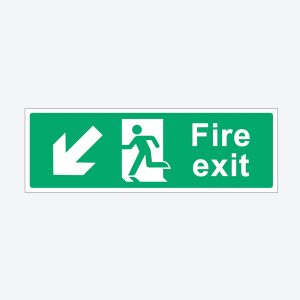 A green rectangular fire exit sign with white symbols and text. On the left, there is a large white arrow pointing diagonally downward to the left. In the center, a white pictogram depicts a person running through a door, and on the right, the sign reads "Fire exit" in white bold letters.