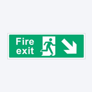 A green rectangular fire exit sign with white text and symbols. The sign reads "Fire exit" on the left, with a white icon of a person running through a door in the middle, and a large downward-pointing arrow on the right, all on a green background.