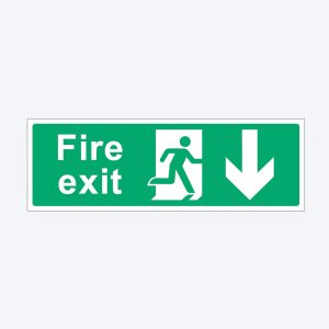 A green rectangular fire exit sign with white text and symbols. It reads "Fire exit" on the left, with a white pictogram of a person running through a door in the middle, and a large downward-pointing arrow on the right, all on a green background.