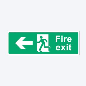 A green rectangular fire exit sign with white symbols and text. The left side features a white arrow pointing left. In the center, there is a white pictogram of a person running toward an open door, with the text "Fire exit" to the right.