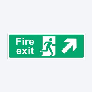 A green rectangular fire exit sign with white text and symbols. On the left, it reads "Fire exit" with a pictogram of a person running through a door. To the right, there is a large white arrow pointing diagonally upward to the right.