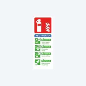 A vertical safety sign with a white background. At the top, there is a red rectangle with a white fire extinguisher icon and flames. Below, a blue band labeled "ABC POWDER". The main section contains four green safety icons with checkmarks, each accompanied by text: A: Safe for wood, paper, and textiles. B: Safe for flammable liquids. C: Safe for gaseous fires. D: Safe for live electrical equipment.