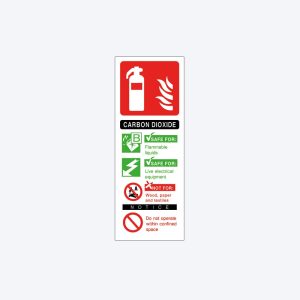 A vertical safety sign with a red fire extinguisher icon at the top, followed by sections indicating the material is carbon dioxide, with green check marks for flammable liquids and live electrical equipment safety, and red and black warnings about not using it for wood, paper, textiles, or operating within confined spaces.