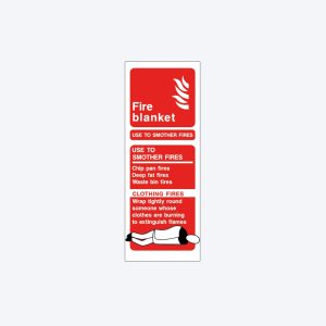 A vertical safety sign with a red background and white text, featuring a flame icon at the top, and instructions divided into sections about fire safety. It includes a cartoon illustration of a person being wrapped in a blanket, with warnings about different fire types and proper responses.