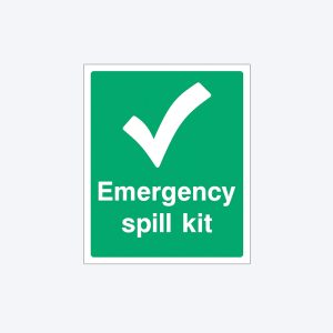 A green rectangular safety sign with a white border. The sign features a large white checkmark at the top and the text "Emergency spill kit" in white, bold letters below.