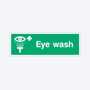 A green rectangular safety sign with a white border. On the left side, there is a white icon of an eye with water droplets and a plus sign, indicating eye washing or eye wash station. To the right, the sign displays the white text "Eye wash."