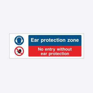 A safety sign with a white background featuring two symbols on the left: a blue circle with white headphones indicating ear protection, and a red circle with a black hand crossed out, indicating no entry. To the right, there is a blue rectangle with white text that says "Ear protection zone" and a red rectangle with white text that says "No entry without ear protection."