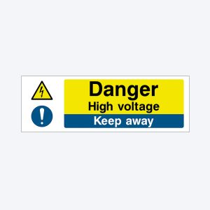 A safety warning sign with a white background. On the left, there is a yellow triangle with a black border containing a black lightning bolt, and below it, a blue circle with a white exclamation mark. To the right, the sign has a yellow rectangle with bold black text that reads "Danger" and beneath that, smaller black text saying "High voltage." At the bottom, there is a blue rectangle with white text that says "Keep away."