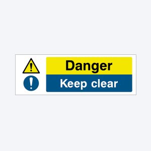 A warning sign with a yellow background and bold black "Danger" text, accompanied by a yellow triangle with an exclamation mark and a blue circle with an exclamation mark. The sign also contains the text "Keep clear" in white on a blue background.