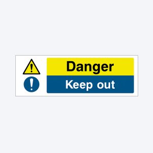 A warning sign with a yellow background and bold black "Danger" text, accompanied by a yellow triangle with an exclamation mark and a blue circle with an exclamation mark. The sign also contains the text "Keep out" in white on a blue background.