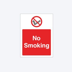 A "No Smoking" sign with a white background. At the top, there is a red circle with a diagonal line crossing out a black cigarette emitting smoke. Below, a red square with white text reads "No Smoking."
