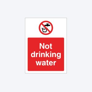 A warning sign with a white background. At the top, there is a red circle with a diagonal line crossing out a black faucet pouring water into a glass, indicating "no drinking water." Below, a red rectangle contains white text that reads "Not drinking water."