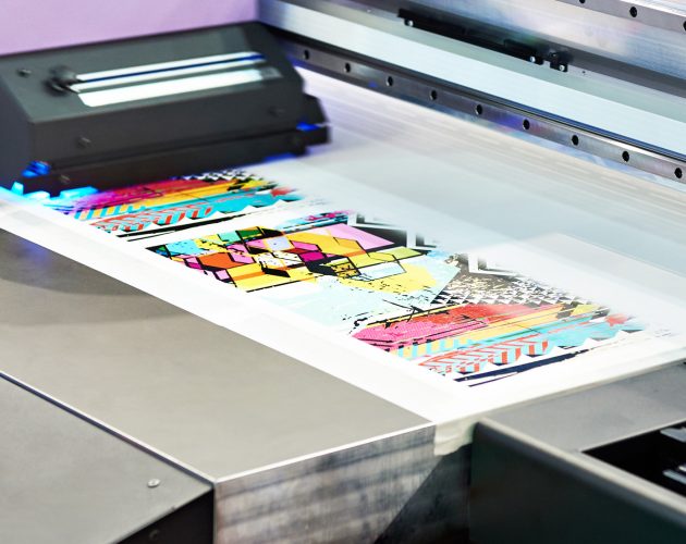 Alt Text: A close-up of a digital printer printing colourful, abstract patterned paper on a flat surface.