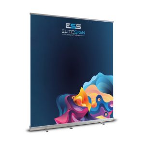 A roller banner stand featuring a vibrant, colourful abstract design with the logo "ESS ELITE SIGN SOLUTIONS" at the top, supported by a silver base and roll-up mechanism. (1500mm x 2000mm)