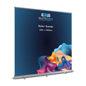 A large roller banner measuring 2000 x 2000 mm, featuring an abstract colourful design on a dark background.