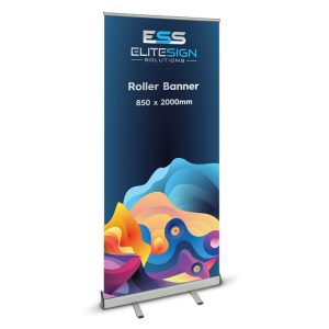 An 850 x 2000 mm roller banner with an abstract, colourful design on a dark background.