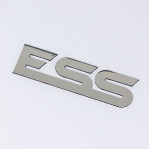 Silver Mirrored Aluminium Composite Flat Cut Letters spelling "ESS" arranged on a white background.