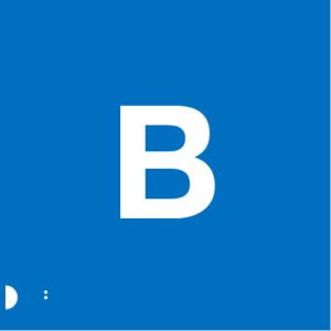 A blue background with a large white letter "B" centred prominently. In the bottom left corner, tactile Braille dots are visible for accessibility