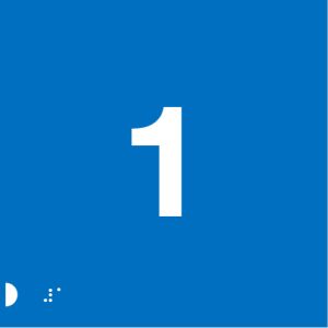 A blue background with a large white number "1" centred prominently. In the bottom left corner, tactile Braille dots are visible for accessibility