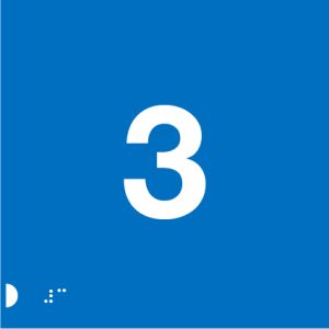 A blue background with a large white number "3" centered prominently. In the bottom left corner, tactile Braille dots are visible for accessibility.