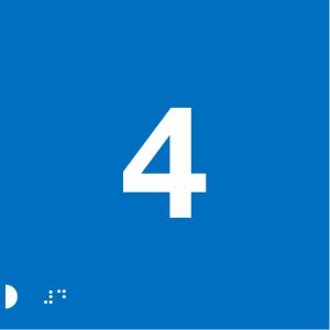 A blue background with a large white number "4" centred prominently. In the bottom left corner, Braille dots are visible for accessibility