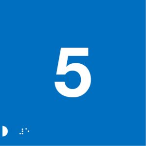 A blue background with a large white number "5" centred prominently. In the bottom left corner, Braille dots are visible for accessibility.