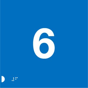 A blue background with a large white number "6" centred prominently, along with Braille dots and a tactile symbol in the bottom left corner.