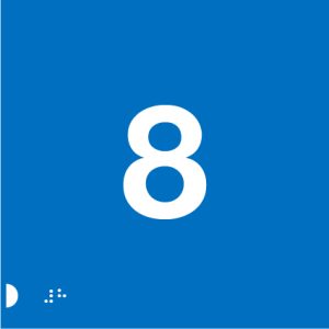 A blue background with a large white number "8" centred prominently, along with Braille dots in the bottom left corner.