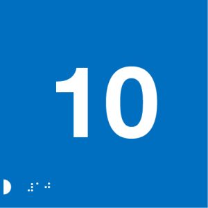 A blue background with large white number "10" centred prominently. In the bottom left corner, there are Braille dots arranged in a pattern.
