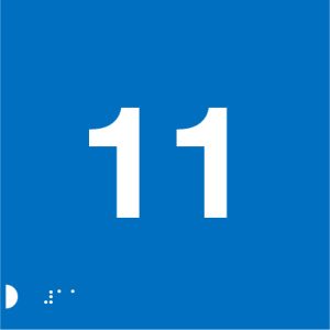 A blue background with large white number "11" centred prominently. In the bottom left corner, there are Braille dots arranged in a pattern.