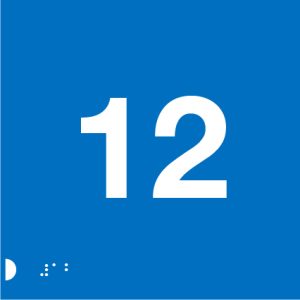 A blue background with large white number "12" centred prominently. In the bottom left corner, there are Braille dots arranged in a pattern.