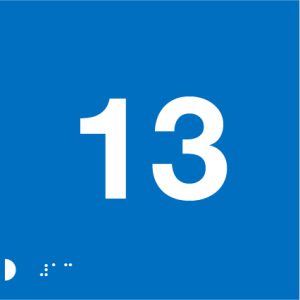 A blue square background with large white number "13" centered prominently. In the bottom left corner, there are Braille dots arranged in a pattern.
