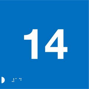 A blue square background with large white number "14" centered prominently. In the bottom left corner, there are small Braille dots arranged in a pattern.