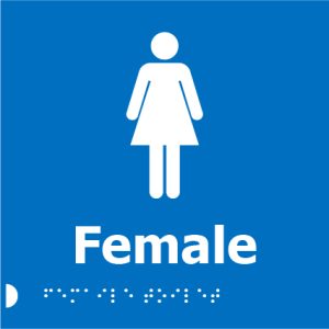 A blue background sign with a white female figure icon above the bold white word "Female" and Braille dots underneath.