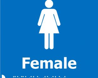 A blue background sign with a white female figure icon above the bold white word "Female" and Braille dots underneath.