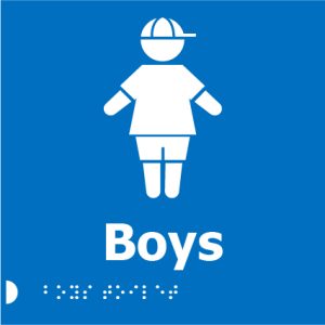 A blue background sign with a white icon of a boy wearing a baseball cap, the word "Boys" in bold white letters below, and Braille dots underneath.